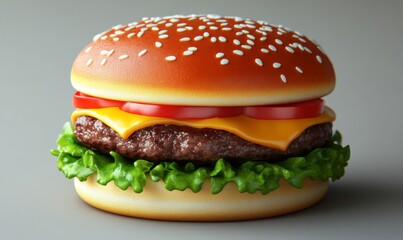 Isometric burger with lettuce, cheese, and tomato layers, detailed fast food icon, 3D icon set