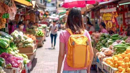 Obraz premium A young woman exploring a vibrant market filled with fresh fruits and vegetables, capturing the essence of local culture.