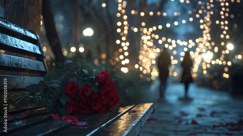 Poster A cinematic scene of a woman sitting alone on a park bench holding a bouquet of red roses, with a couple walking in the background under glowing string lights.