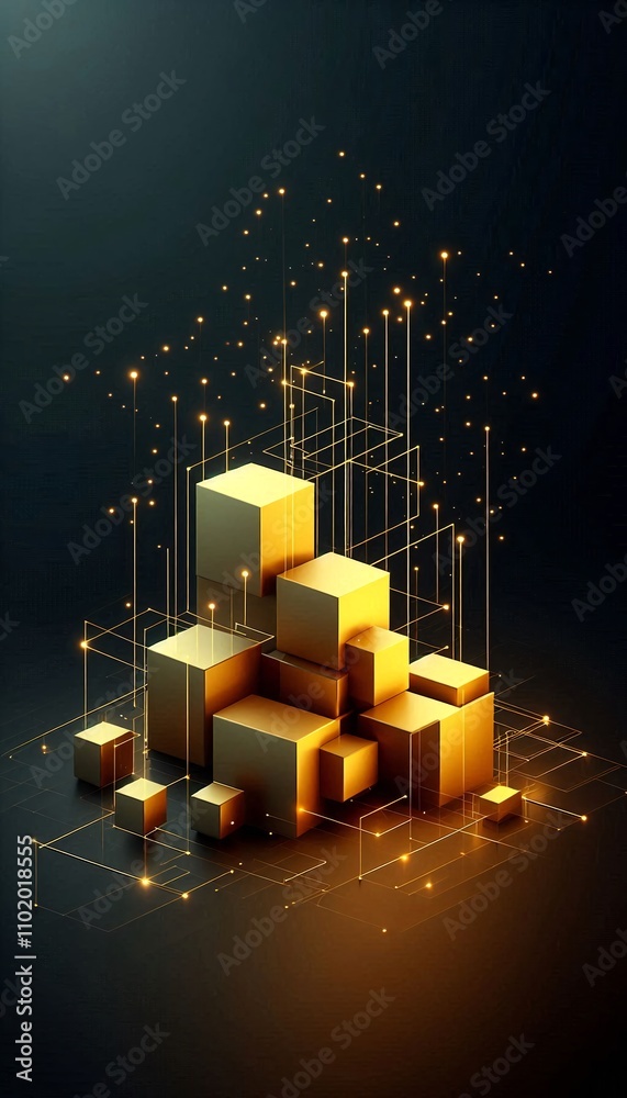 Poster glowing golden cubes float in dark space