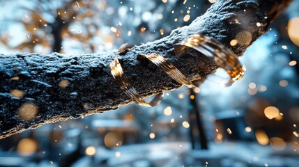 A snowy branch wrapped with glowing wire emits sparks against a winter wonderland backdrop, encapsulating the essence of warmth and innovation in cold surroundings.