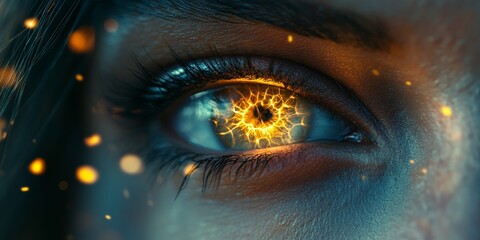 Close-Up of Eye Reflecting Neon Lights in Cityscape