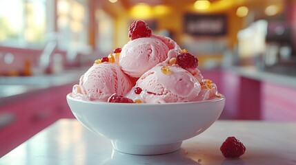 raspberry ice cream in a cup on the table
