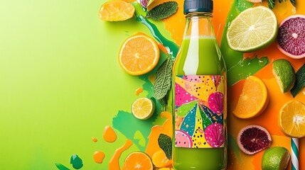 Colorful juice bottle with citrus fruit on vibrant background.
