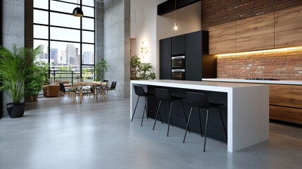 An industrial-chic kitchen with a cozy lounge area blends rustic brick walls and modern furnishings, framed by large windows showcasing urban cityscape views.
