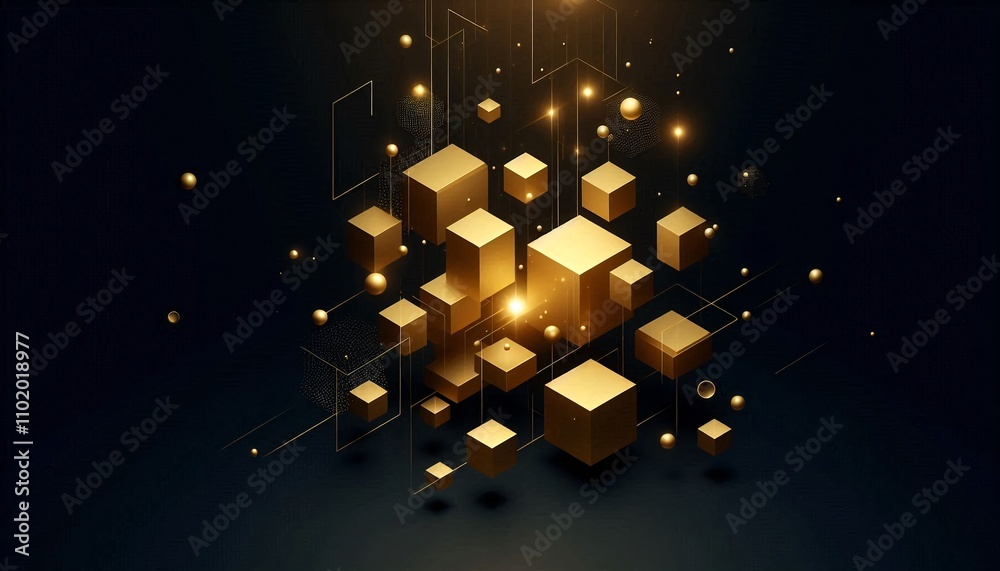 Aufkleber glowing golden cubes float in dark space