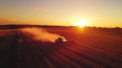 Fototapeta premium A combine harvester working in a field at sunset, creating a dust cloud.
