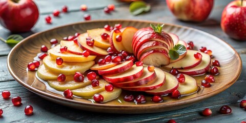 Apple slices drizzled with honey and garnished with pomegranate seeds on a fancy plate, apple, slices, honey, pomegranate, garnish
