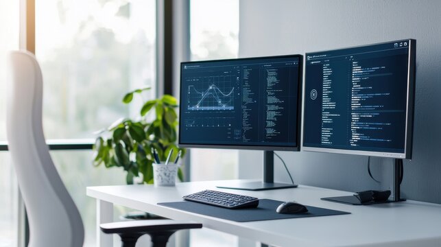 A computer desk with two monitors and a keyboard