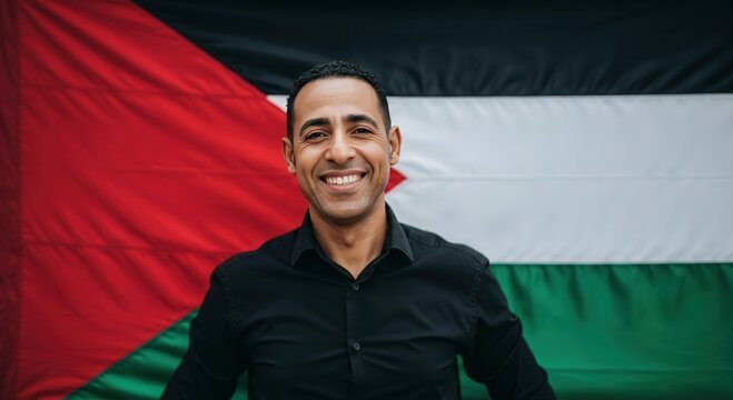 Confident portrait of smiling middle-eastern man with palestinian flag in background