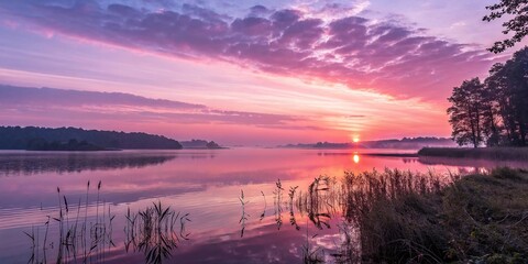 Obraz premium Radiant pink and lavender hues dance across the waves as the sun rises over a tranquil lake, lake, sunrise, purple, soothing, gentle