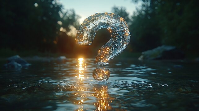 Floating Water Droplet Question Mark Reflecting on Calm Lake Surface