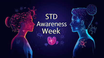 Naklejka premium Colorful poster style image of STD Awareness Week features man and woman facing each other, surrounded by virus illustrations, highlighting importance of sexual health education