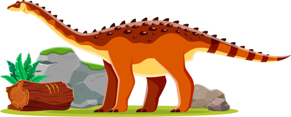 Cartoon prehistoric aegyptosaurus dinosaur character. Isolated vector titanosaurian sauropod dino from Late Cretaceous period. Ancient long-necked herbivore reptile animal at lush landscape with rocks © Vector Tradition