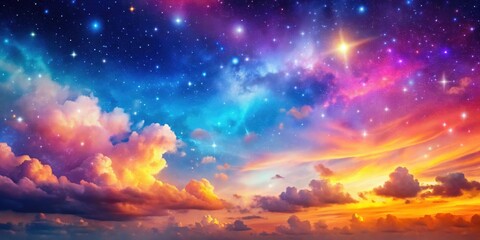 Obraz premium Vibrant colorful sky with stars, clouds, and sparkling s in space background, vibrant, colorful, sky, stars, clouds, sparkling