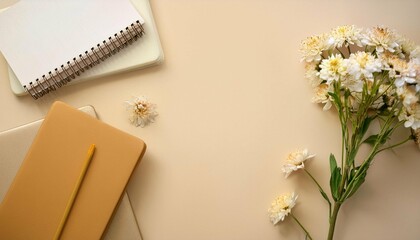 beige background with notebooks and flowers providing copy space image