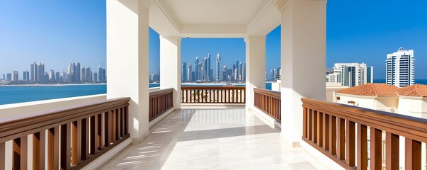 Naklejka premium A bright, modern balcony with a stunning view of a city skyline and ocean, featuring white marble flooring and wooden railings.