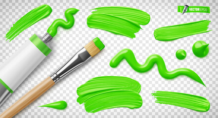 Vector realistic illustration of a green paint tube, paintbrush and brush strokes on a transparent background.