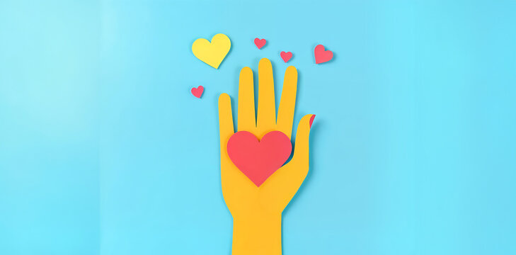 Main avec avec c&oelig;urs en papier color&eacute;, donation et charit&eacute;, espace vide pour du texte