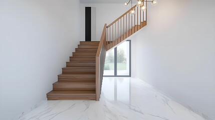 A modern staircase leads to a bright, airy space with white walls and elegant marble flooring, showcasing a minimalistic design.