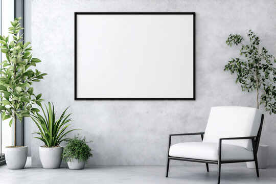 Poster mockup in horisontal frame on a grey textured wall. Modern minimalistic interior. Perfect for showcasing artwork, typography and photography. Vertical poster.