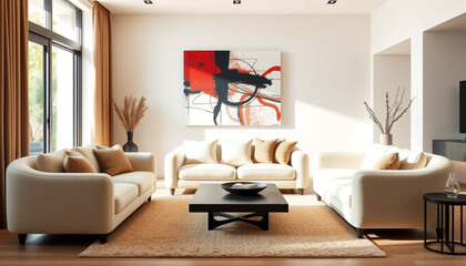 Fototapeta premium Japandi Minimalist Interior Design with Art Frame and Stylish Sofa in Modern Living Room.