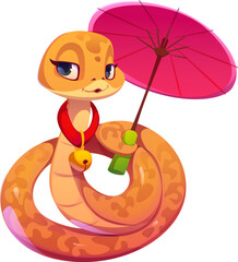 Cute cartoon snake character holding a parasol. 2025 Chinese lunar new year symbol. Reptile animal with orange scales, expressive eyes and gentle smile wearing a bell collar and curled in elegant pose
