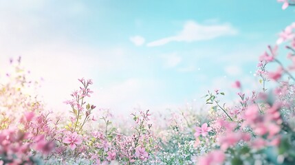 Obraz premium Dreamy Spring Meadow: A field of delicate pink blossoms stretches towards a serene blue sky, bathed in the warm glow of the rising sun. This idyllic image evokes a sense of peace, tranquility.