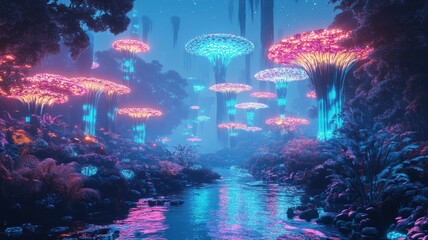 Naklejka premium A mystical, alien landscape featuring glowing, oversized flora by a reflective river under a starlit sky, evoking a fantasy sci-fi atmosphere.
