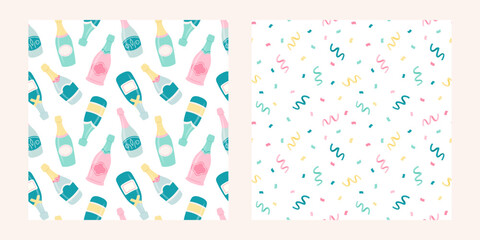 Seamless patterns set of champagne bottles and confetti in pastel colors in cute cartoon flat style. Isolated on white. Valentine day, wedding, party, bachelorette party backgrounds.  
