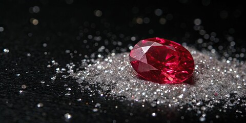 Ruby crystal surrounded by sparkling white glitter on a black background, dark background, party atmosphere, crystal