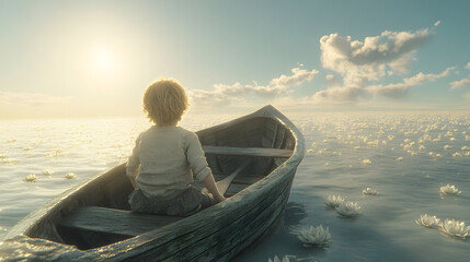 Fototapeta premium Child in a Wooden Boat Surrounded by Water Lilies at Sunrise