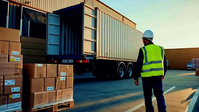 a worker wearing a high-visibility vest walking towards a semi-truck that is parked next to a loading dock. The dock has several pallets of cardboard boxes, suggesting a logistics or shipping operatio