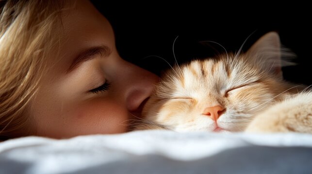 A girl gently kisses the soft fur of a sleeping orange cat, experiencing a tender moment of warmth and love, highlighting the deep bond between humans and pets.