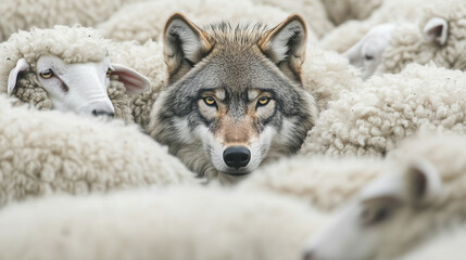 Fototapeta premium A wolf in crowd of sheep, A Stunning Symbol of Deception and Camouflage