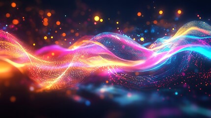 Abstract Neon Wave with Glittering Particles