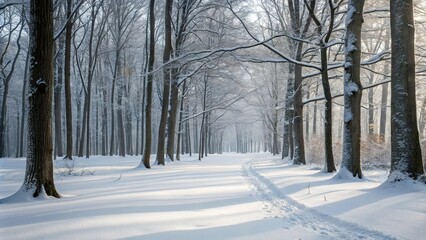 Snow-covered forest floor with bare trees and a blanket of white, snowy, trees, frozen, snowy scenery