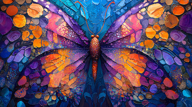 An abstract representation of butterfly wings, with a colorful mix of purple, blue, and orange patterns that evoke a tropical vibe