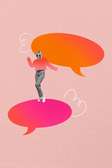 Vertical photo collage of happy girl dance communication cloud bubble speech talk chatterbox phrase...