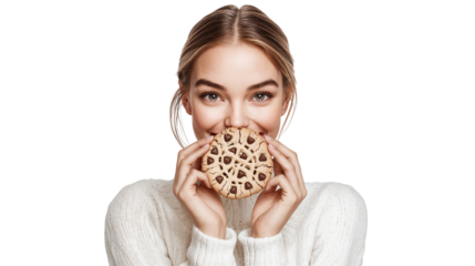Smiling woman holding a chocolate chip cookie, isolated on white background