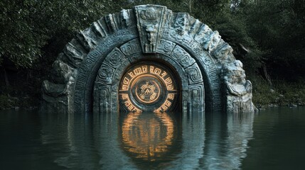 Ancient stone archway partially submerged in a dark, still body of water, reflecting an intricate circular design.