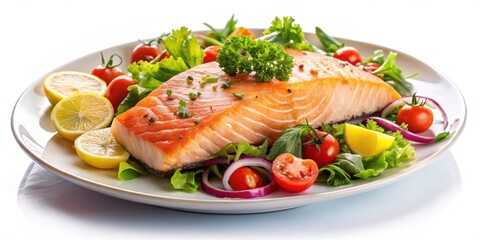 Baked salmon fish fillet with fresh salad isolated on background, salmon, fish, fillet, baked, fresh, salad, healthy, food