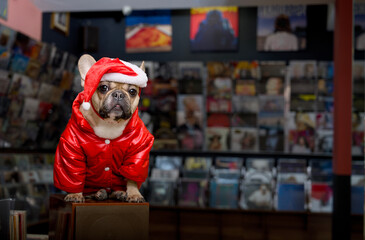 A charming bulldog dog against a blurred background of a large number of vinyl records in a certain trading floor.