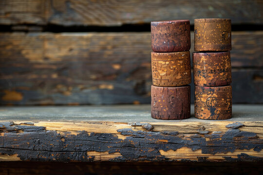Dated wine bottle corks on a wooden background. ,.     
