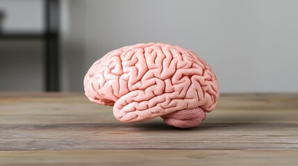 Realistic Human Brain Model on Wooden Surface in Modern Setting
