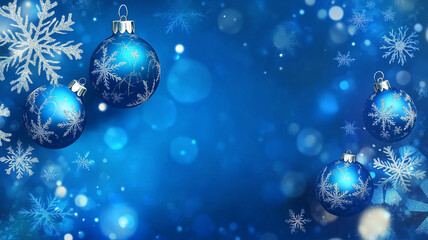Abstract blue background with snowflakes and Christmas ornaments.