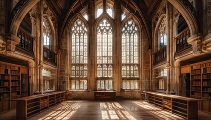 Grand university library filled with towering bookshelves and students engaged in quiet study