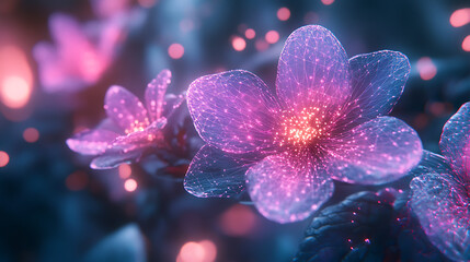A futuristic realm showcases organic growths intertwined with glowing energy, set against a backdrop of fluid motion and interconnected virtual reality.  