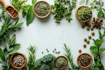 Herbs and medicines on a white background,.     
