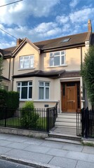 Fototapeta premium A well-maintained Victorian house features elegant architectural details, large windows, and a welcoming entrance surrounded by a green garden in a peaceful neighborhood